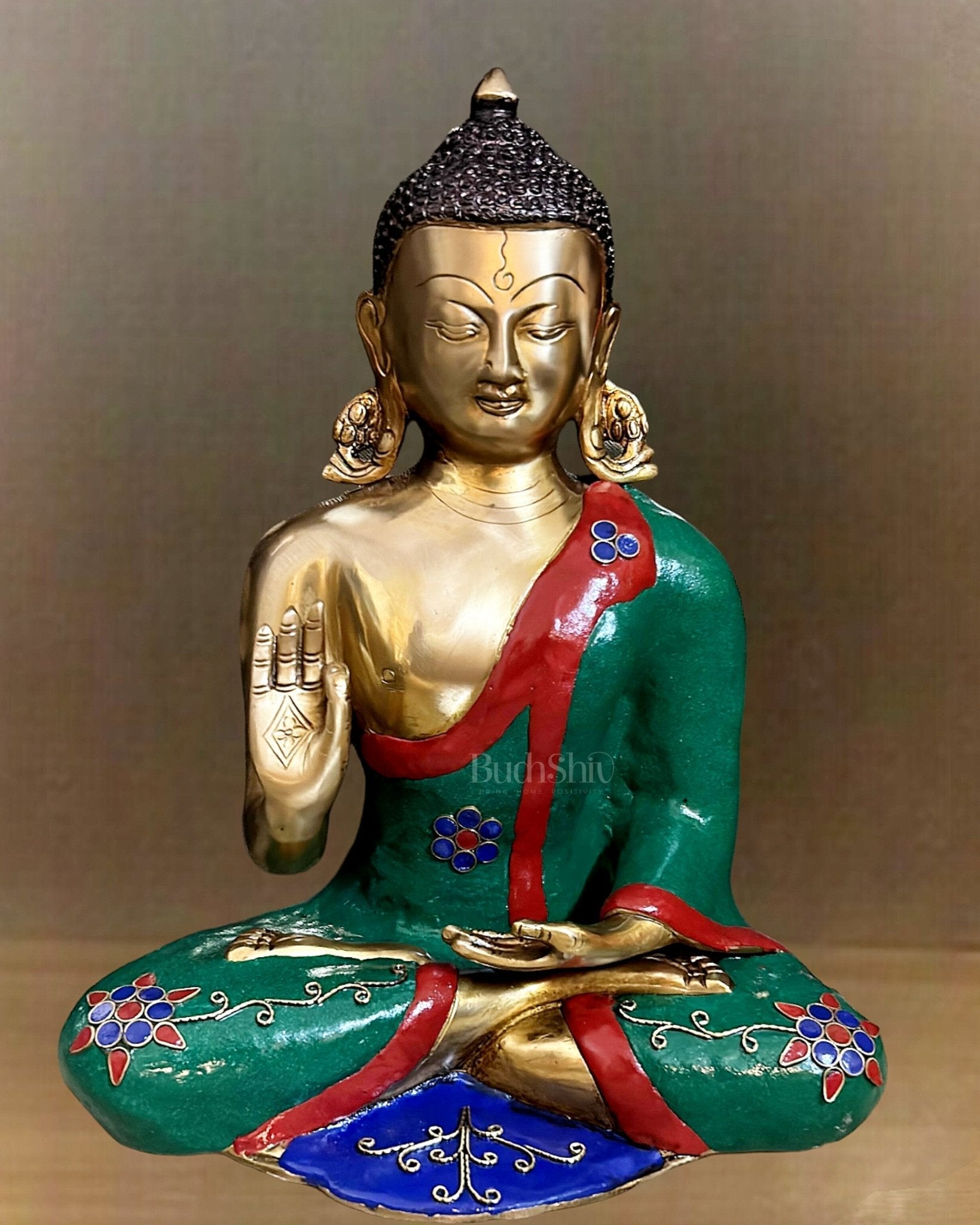 Aashirwaad Brass Buddha Idol with Meenakari Stonework 12" | 100% Certified Copper & Brass - Sama Homes Idol - Brass Sculpture - Eco-friendly - Sama Homes