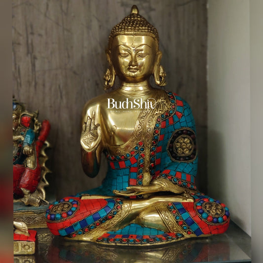 Sama Homes-buddha brass idol buddha blessing pose statue in brass with stonework buddha abhaya mudra buddha brass sculpture 12 inches