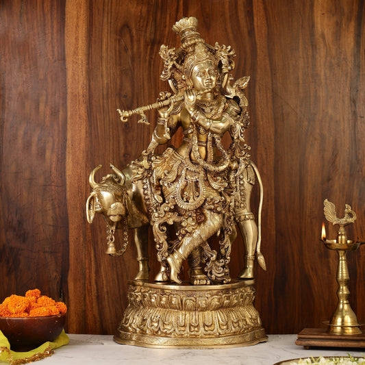 Sama Homes-adorable lord krishna with cow statue brass antique gold finish 28