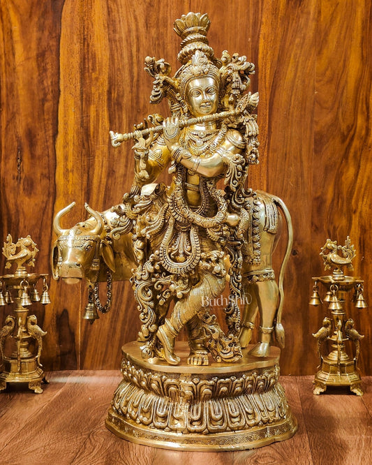 Sama Homes-copy of adorable lord krishna with cow statue brass shine gold finish 28