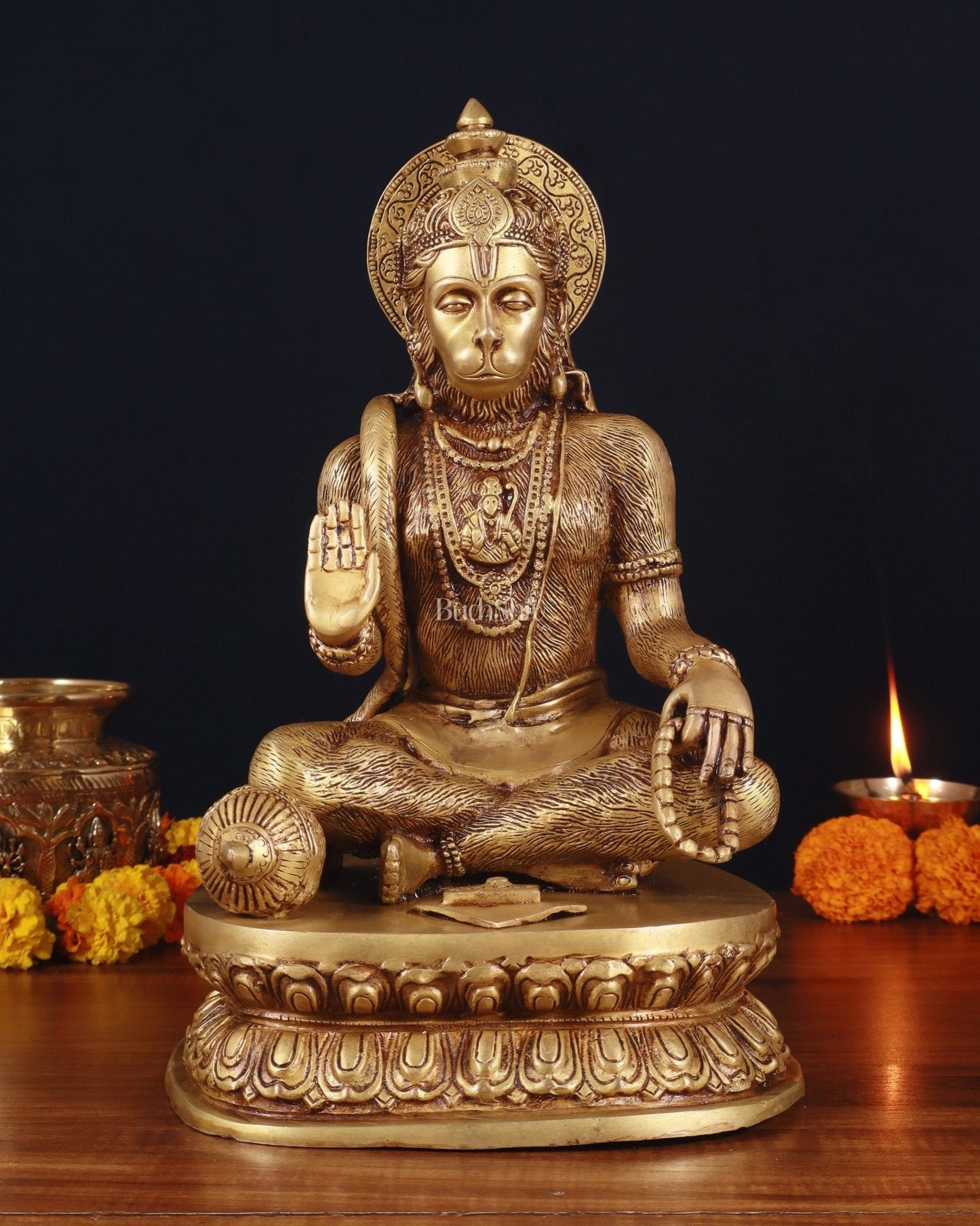 Adorable Pure Brass Blessing Hanuman Idol - 14" | 100% Certified Copper & Brass - Sama Homes Idol - Brass Sculpture