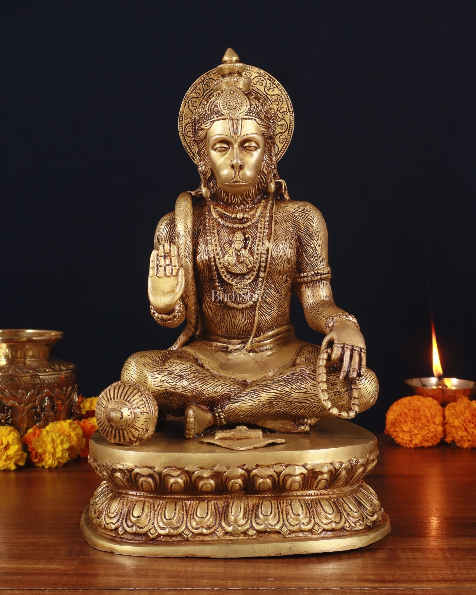 Adorable Pure Brass Blessing Hanuman Idol - 14" | 100% Certified Copper & Brass - Sama Homes Idol - Brass Sculpture - Eco-friendly - Sama Homes
