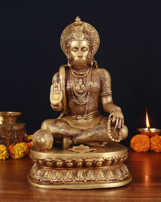 Adorable Pure Brass Blessing Hanuman Idol - 14" | 100% Certified Copper & Brass - Sama Homes Idol - Brass Sculpture