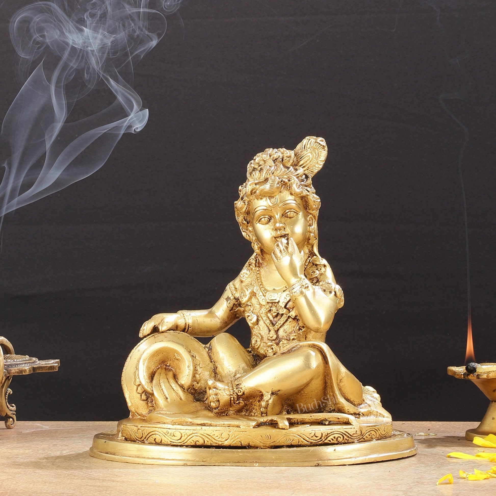 Adorable Pure Brass Makhan Chor Baby Krishna Idol | 8" | 100% Certified Copper & Brass - Sama Homes Idol - Brass Sculpture - Eco-friendly - Sama Homes