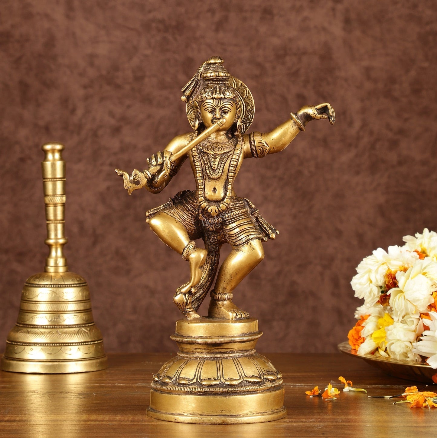 Brass Dancing Krishna Idol | Height: 9 inch | 100% Certified Copper & Brass - Sama Homes Idol - Brass Sculpture