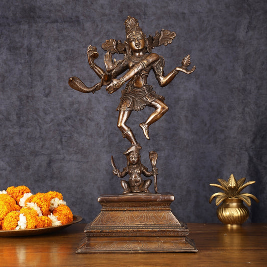 Antique Brass Dancing Lord Shiva Statue - 17 Inch | 100% Certified Copper & Brass - Sama Homes Idol - Brass Sculpture