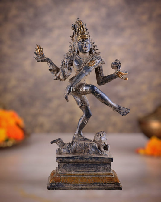 Antique Brass Dancing Shiva Idol | Unique Pose with sand finish 10" | 100% Certified Copper & Brass - Sama Homes Idol - Brass Sculpture
