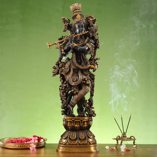 Sama Homes-antique brass handcrafted krishna statue 30 inch black