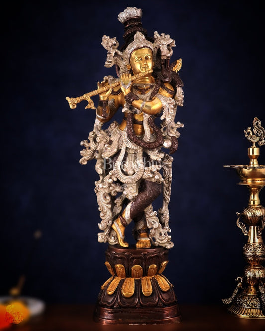 Antique Brass Handcrafted Krishna Statue - 30" | 100% Certified Copper & Brass - Sama Homes Idol - Brass Sculpture