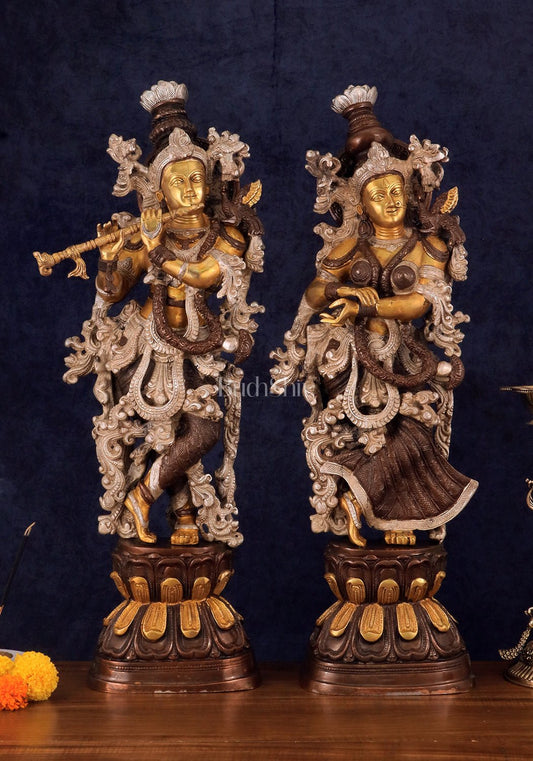 Antique Brass Handcrafted Radha Krishna Statue - 30 Inch | 100% Certified Copper & Brass - Sama Homes Idol - Brass Sculpture