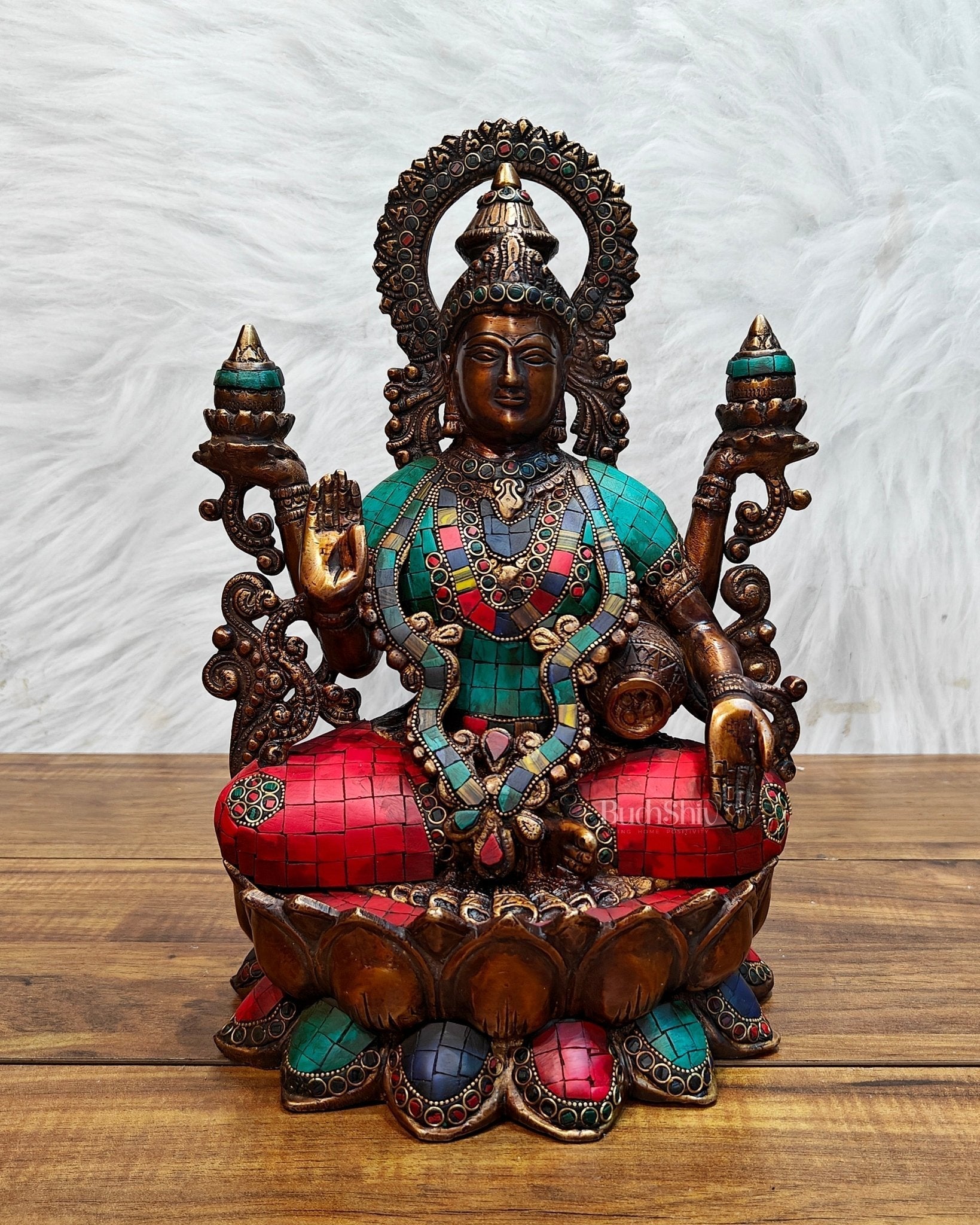 Antique Brass Lakshmi Idol with Meenakari Stonework | 12" Height | | 100% Certified Copper & Brass - Sama Homes Idol - Brass Sculpture - Eco-friendly - Sama Homes