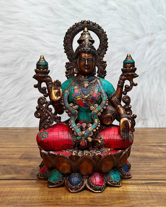 Antique Brass Lakshmi Idol with Meenakari Stonework | 12" Height | | 100% Certified Copper & Brass - Sama Homes Idol - Brass Sculpture