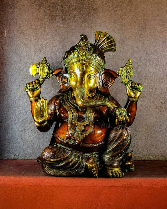 Antique Brass Lord Ganesha Idol - 21" | 100% Certified Copper & Brass - Sama Homes Idol - Brass Sculpture