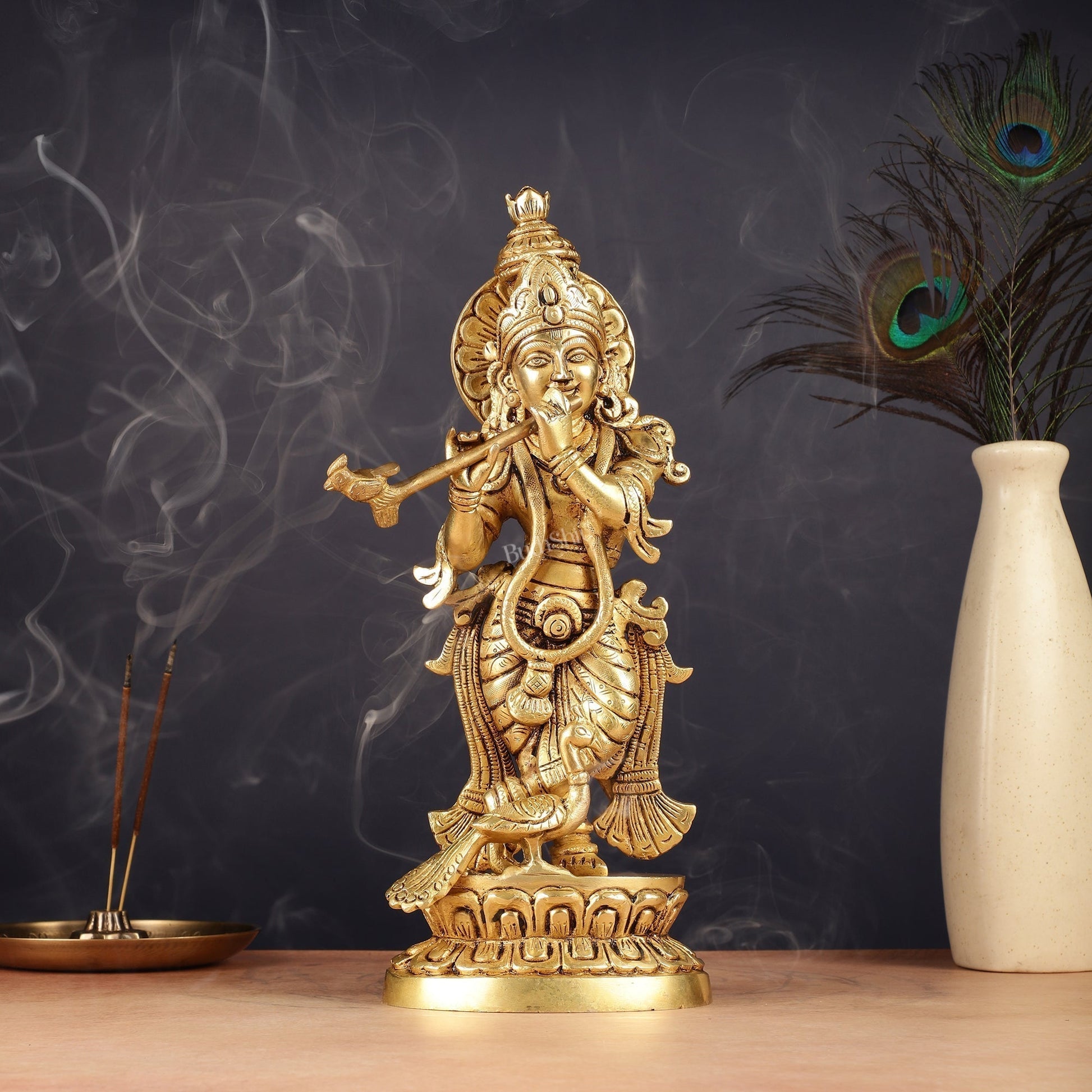 Antique Brass Lord Krishna Idol | Height 12.5 inch | 100% Certified Copper & Brass - Sama Homes Idol - Brass Sculpture - Eco-friendly - Sama Homes