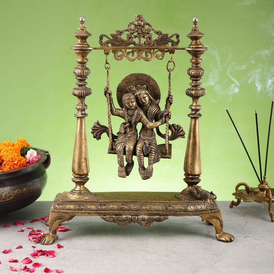 Sama Homes-antique brass radha krishna swing jhula idol height 15 5 inch