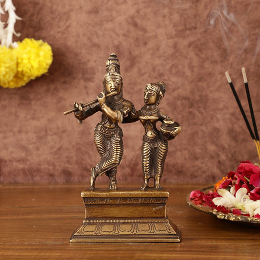 Antique Brass Small Radha Krishna Idol - 6.5" Tall | 100% Certified Copper & Brass - Sama Homes Idol - Brass Sculpture