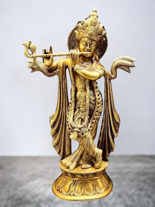 Antique Finish Brass Krishna Idol | 20" | 100% Certified Copper & Brass - Sama Homes Idol - Brass Sculpture