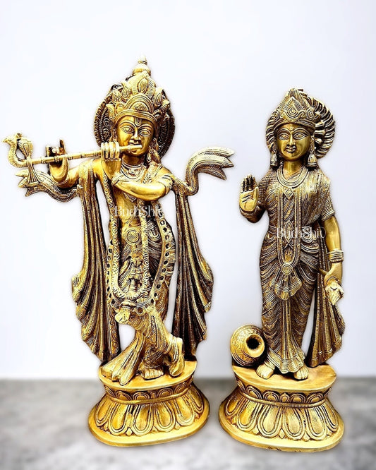 Antique Finish Brass Radha Krishna Idols | 20" | 100% Certified Copper & Brass - Sama Homes Idol - Brass Sculpture