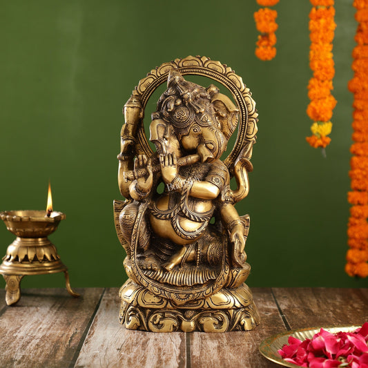 Sama Homes-antique finish brass unique ganesha statue playing flute 13 height