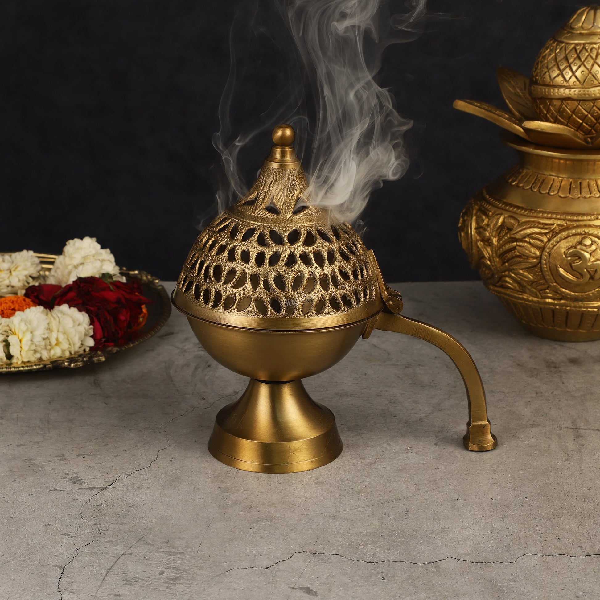 Antique Finish Pure Brass Dhoop Burner with Handle 8" - Eco-friendly - Sama Homes