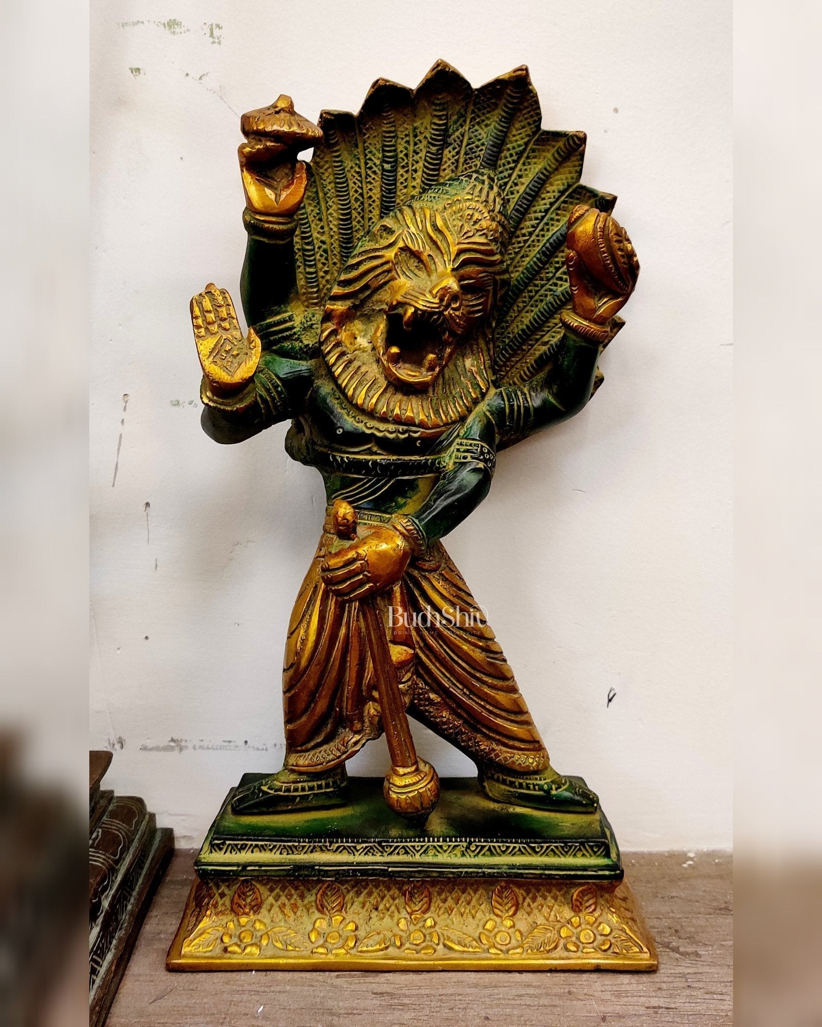 Antique Tone Brass Narasimha Statue - 12 inch | 100% Certified Copper & Brass - Sama Homes Idol - Brass Sculpture - Eco-friendly - Sama Homes