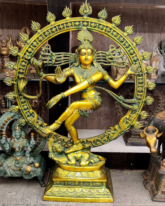Antique Tone Pure Brass Nataraja Statue - 33 inch | 100% Certified Copper & Brass - Sama Homes Idol - Brass Sculpture