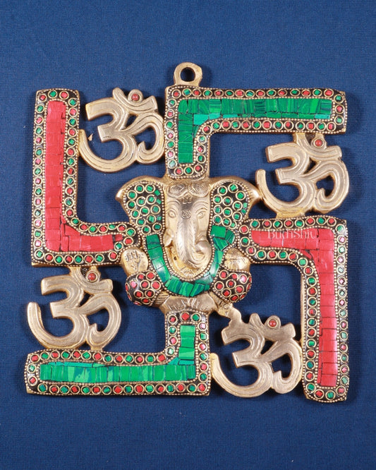 Auspicious Brass Swastik Wall Hanging with Lord Ganesha 8" | 100% Certified Copper & Brass - Sama Homes Idol - Brass Sculpture
