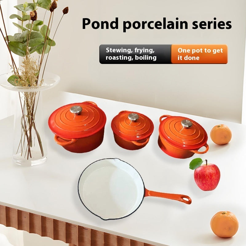 Inner White Enameled Cast-iron Cookware Household Enamel Soup Deep Stew Casserole Four-piece Set - Image 5