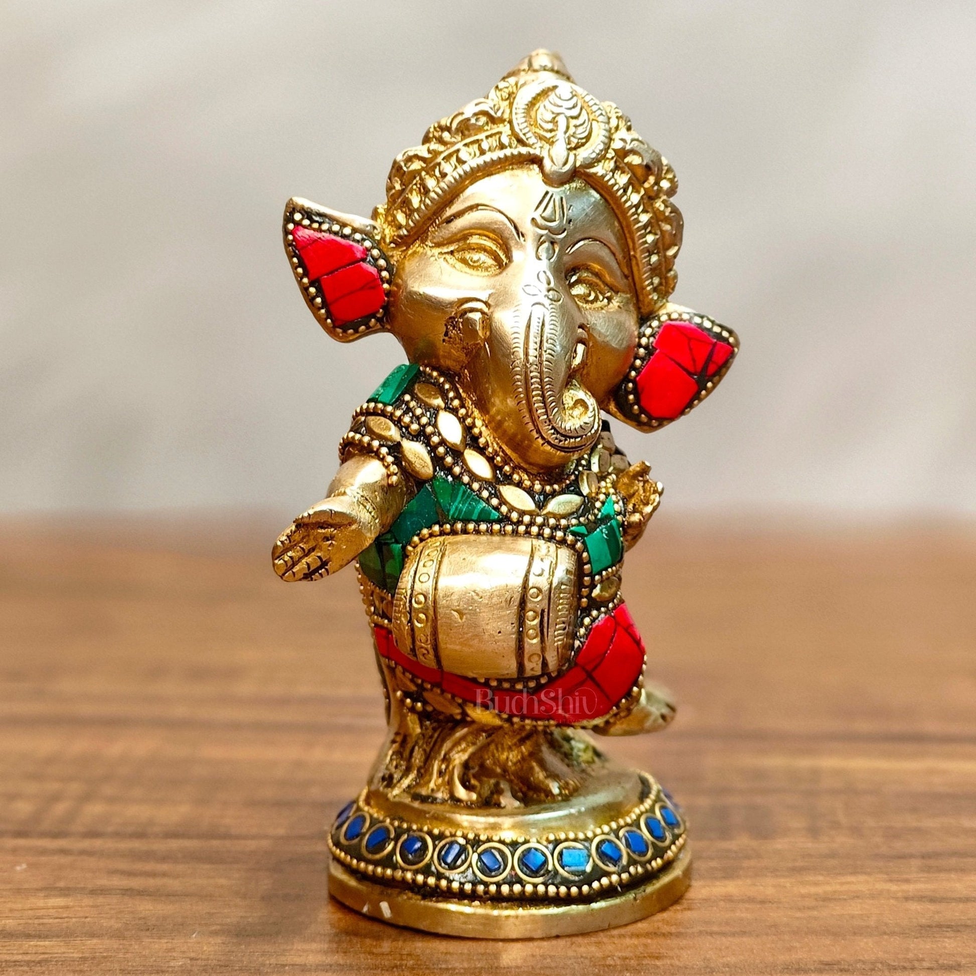 Baby Dholak Ganesha Brass Idol - Perfect for Office Desk, Study Table, Temple - stonework | 100% Certified Copper & Brass - Sama Homes Idol - Brass Sculpture - Eco-friendly - Sama Homes