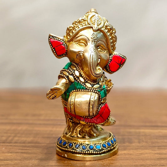 Baby Dholak Ganesha Brass Idol - Perfect for Office Desk, Study Table, Temple - stonework | 100% Certified Copper & Brass - Sama Homes Idol - Brass Sculpture
