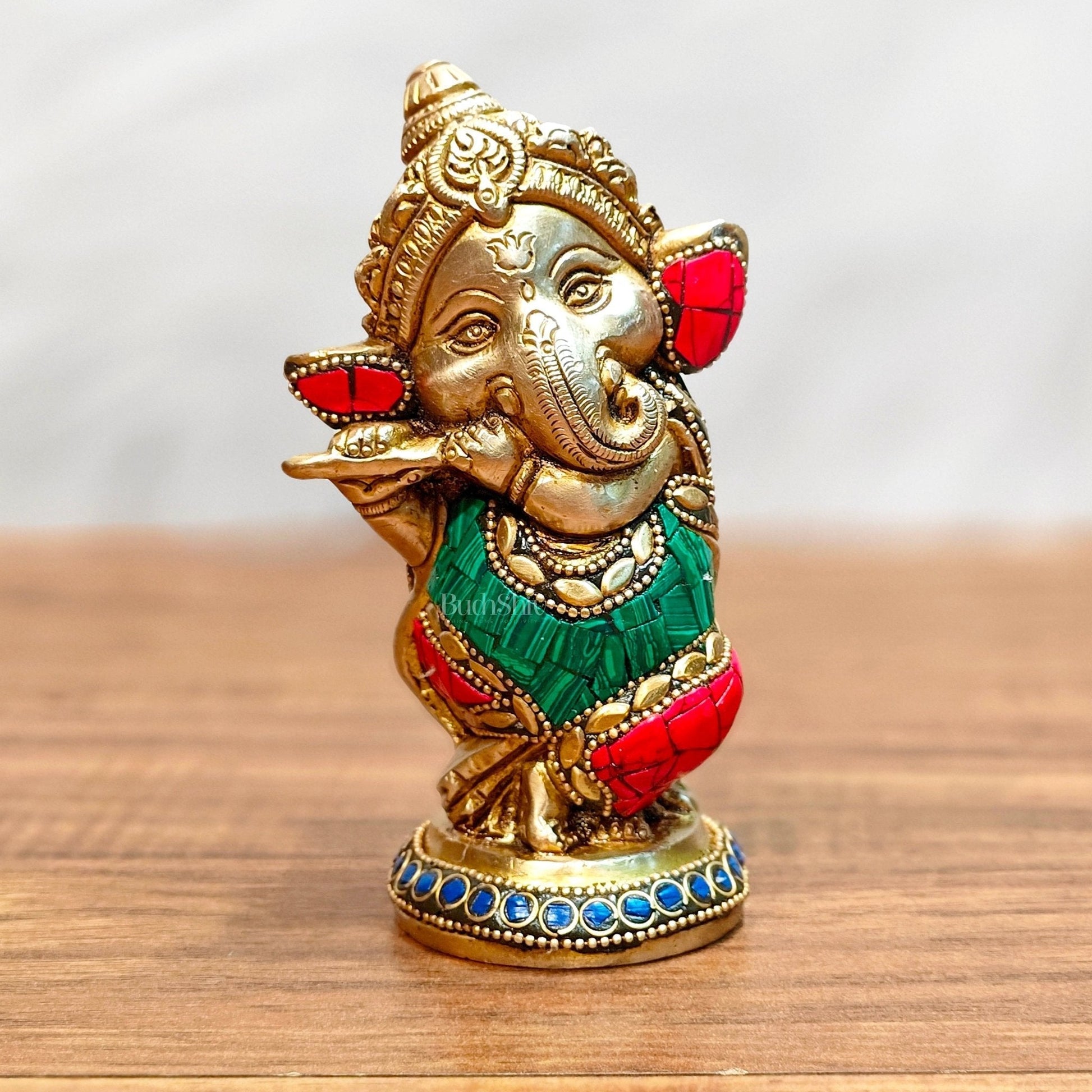 Baby Flute Ganesha Brass Idol - Perfect for Office Desk, Study Table, Temple - stonework | 100% Certified Copper & Brass - Sama Homes Idol - Brass Sculpture - Eco-friendly - Sama Homes