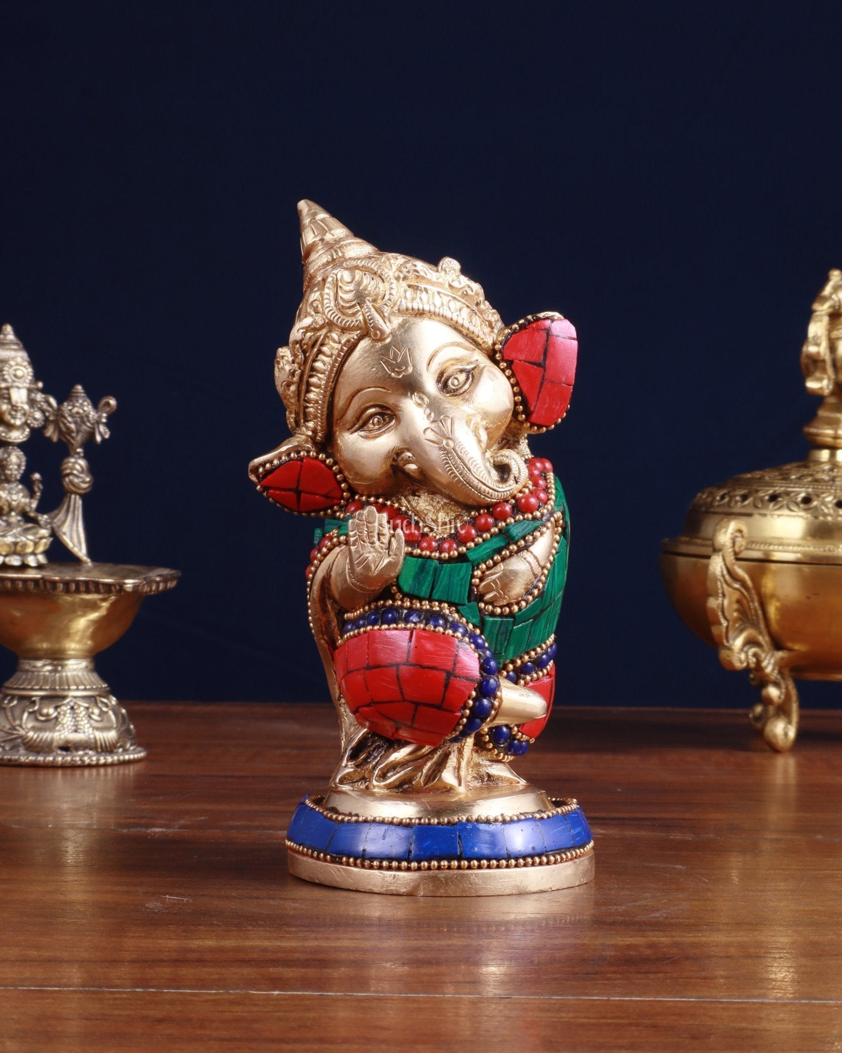 Baby Ganesha Aashirwaad Brass Idol - Perfect for Office Desk, Study Table, Temple - stonework | 100% Certified Copper & Brass - Sama Homes Idol - Brass Sculpture - Eco-friendly - Sama Homes