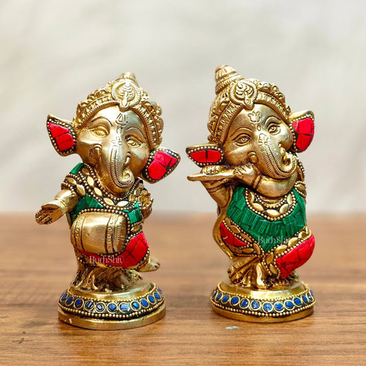 Baby Ganesha Brass Idols pair 5 " Stonework | 100% Certified Copper & Brass - Sama Homes Idol - Brass Sculpture