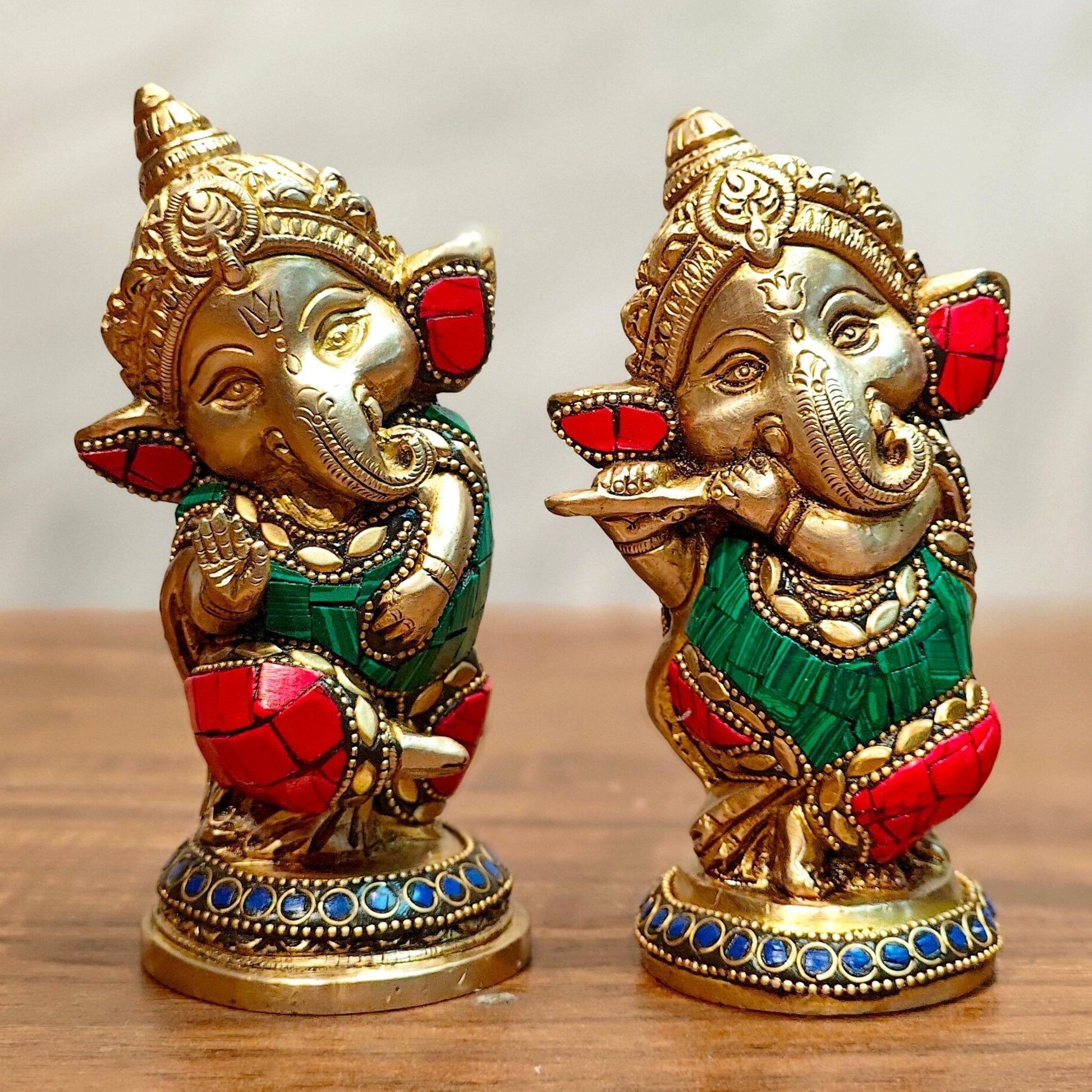 Baby Ganesha Brass Idols pair 5 " Stonework | 100% Certified Copper & Brass - Sama Homes Idol - Brass Sculpture - Eco-friendly - Sama Homes