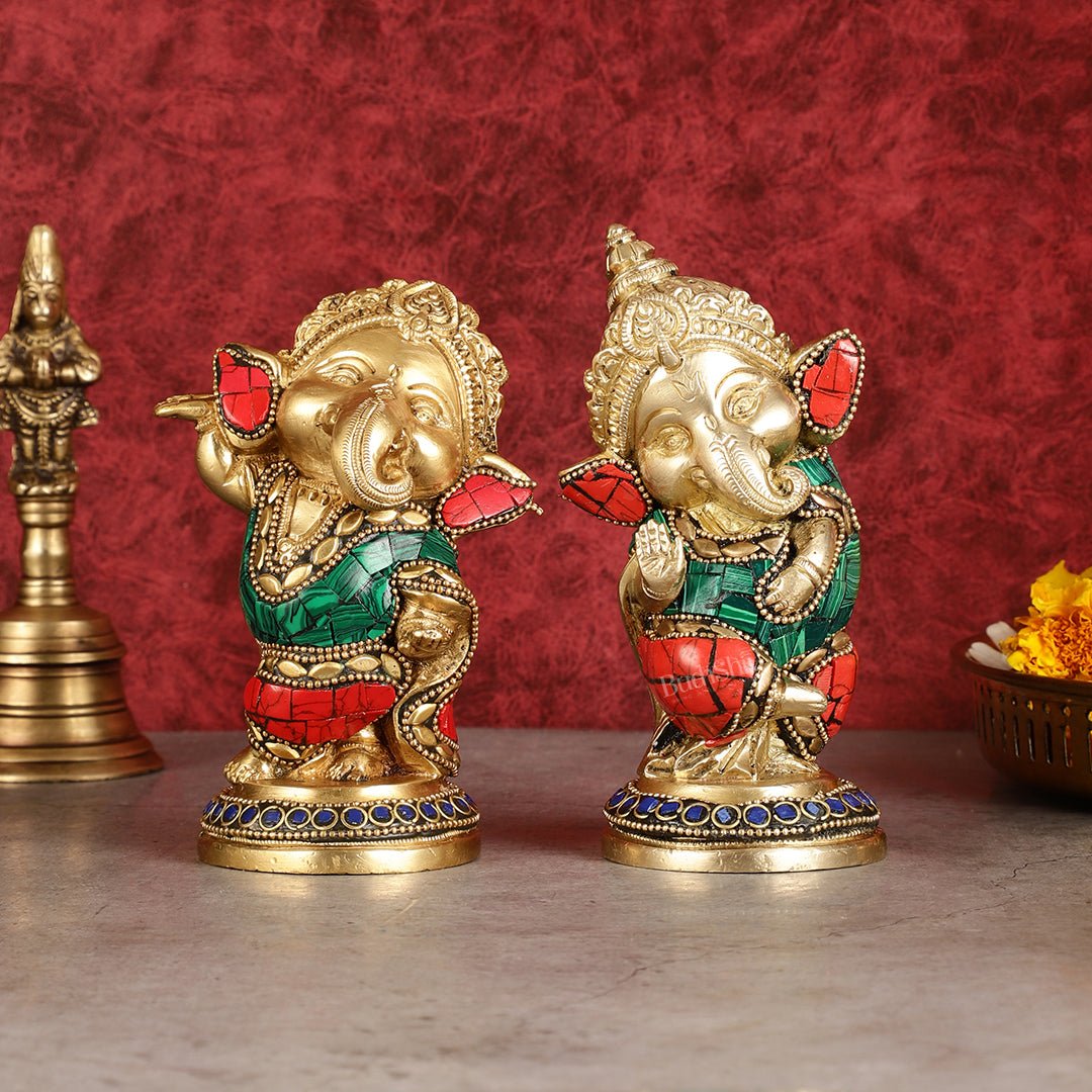 Baby Ganesha Brass Idols pair 5 " Stonework | 100% Certified Copper & Brass - Sama Homes Idol - Brass Sculpture