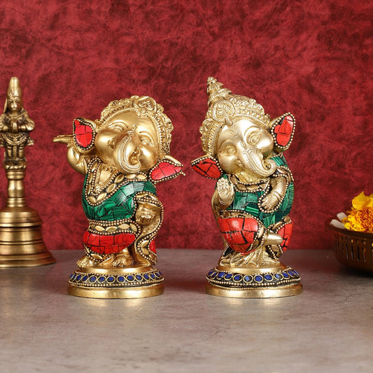 Baby Ganesha Brass Idols pair 5 " Stonework | 100% Certified Copper & Brass - Sama Homes Idol - Brass Sculpture