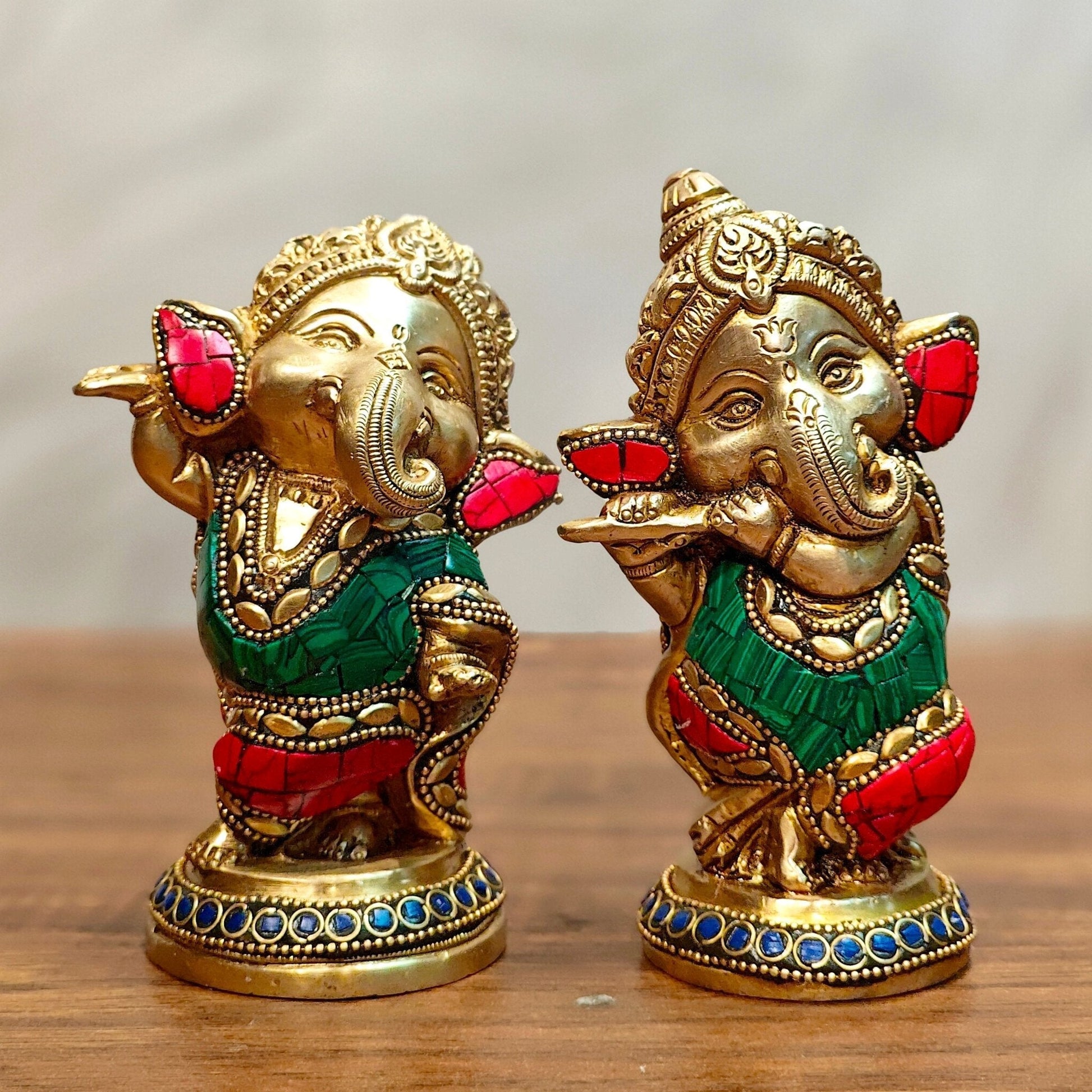 Baby Ganesha Brass Idols pair 5 " Stonework | 100% Certified Copper & Brass - Sama Homes Idol - Brass Sculpture - Eco-friendly - Sama Homes