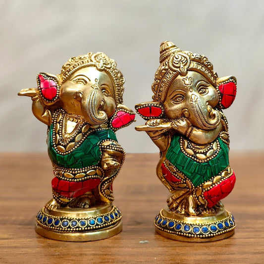 Baby Ganesha Brass Idols pair 5 " Stonework | 100% Certified Copper & Brass - Sama Homes Idol - Brass Sculpture