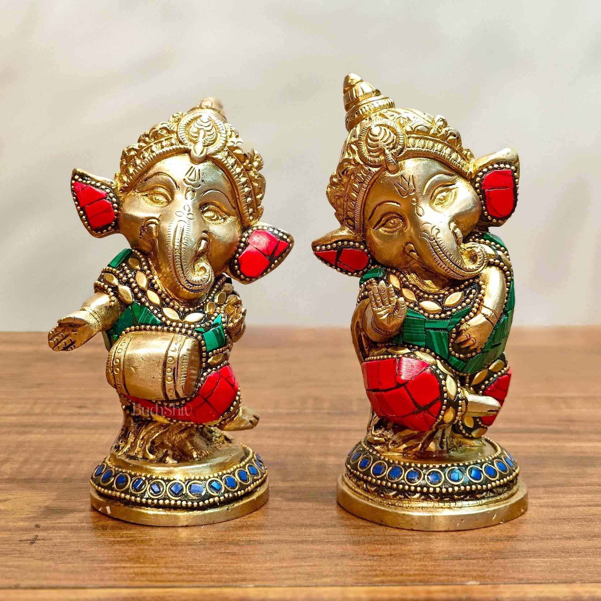 Baby Ganesha Brass Idols pair 5 " Stonework | 100% Certified Copper & Brass - Sama Homes Idol - Brass Sculpture - Eco-friendly - Sama Homes