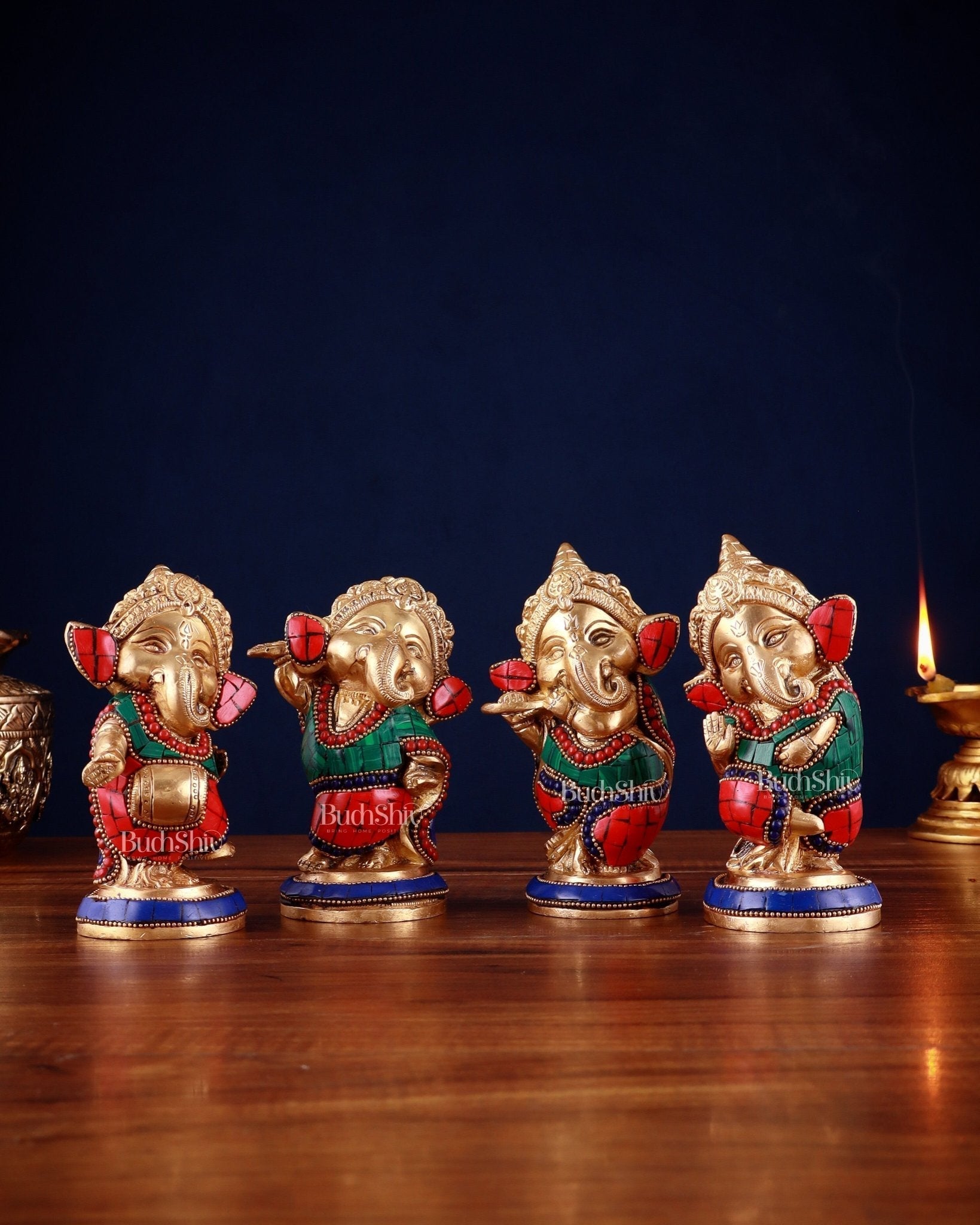 Baby Ganesha Brass Idols set 5" Stonework | 100% Certified Copper & Brass - Sama Homes Idol - Brass Sculpture - Eco-friendly - Sama Homes