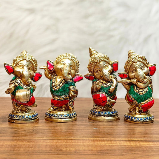 Baby Ganesha Brass Idols set 5 " Stonework | 100% Certified Copper & Brass - Sama Homes Idol - Brass Sculpture