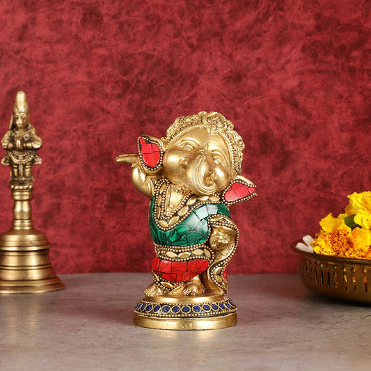 Baby Ganesha Dancing Brass Idol 5" Perfect for Office Desk, Study Table, Temple - stonework | 100% Certified Copper & Brass - Sama Homes Idol - Brass Sculpture