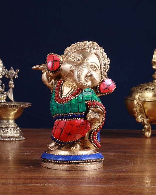 Baby Ganesha Dancing Brass Idol 5" Stonework | 100% Certified Copper & Brass - Sama Homes Idol - Brass Sculpture
