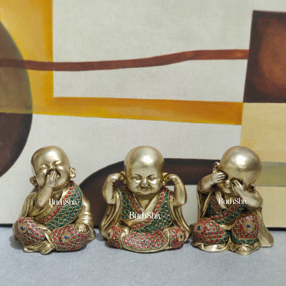 Image of Baby Laughing Buddha Monks Brass Statues | Sama Homes | span Enhance positive | Premium Brass & Wood Decor | Sama Homes