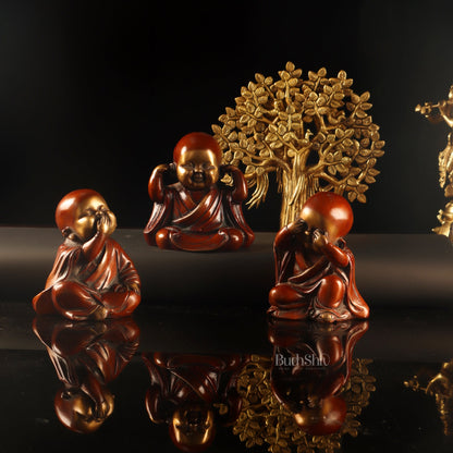 Image of Baby Laughing Buddha monks figures | span Bring home | Premium Brass & Wood Decor | Sama Homes