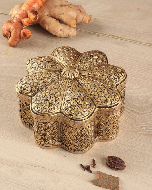 Beautiful Brass Multipurpose Masala, Jewellery, Treasure Box 8.5" | 100% Certified Copper & Brass - Sama Homes Idol - Brass Sculpture
