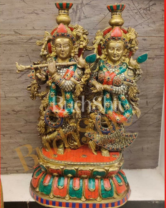 Sama Homes-radha krishna together brass idol with stonework 21 inch