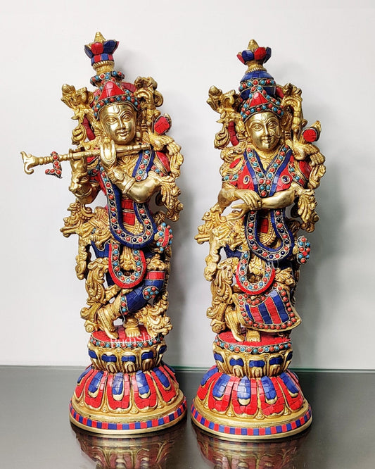 Sama Homes-radha krishna brass idols with stonework 21 inches 3