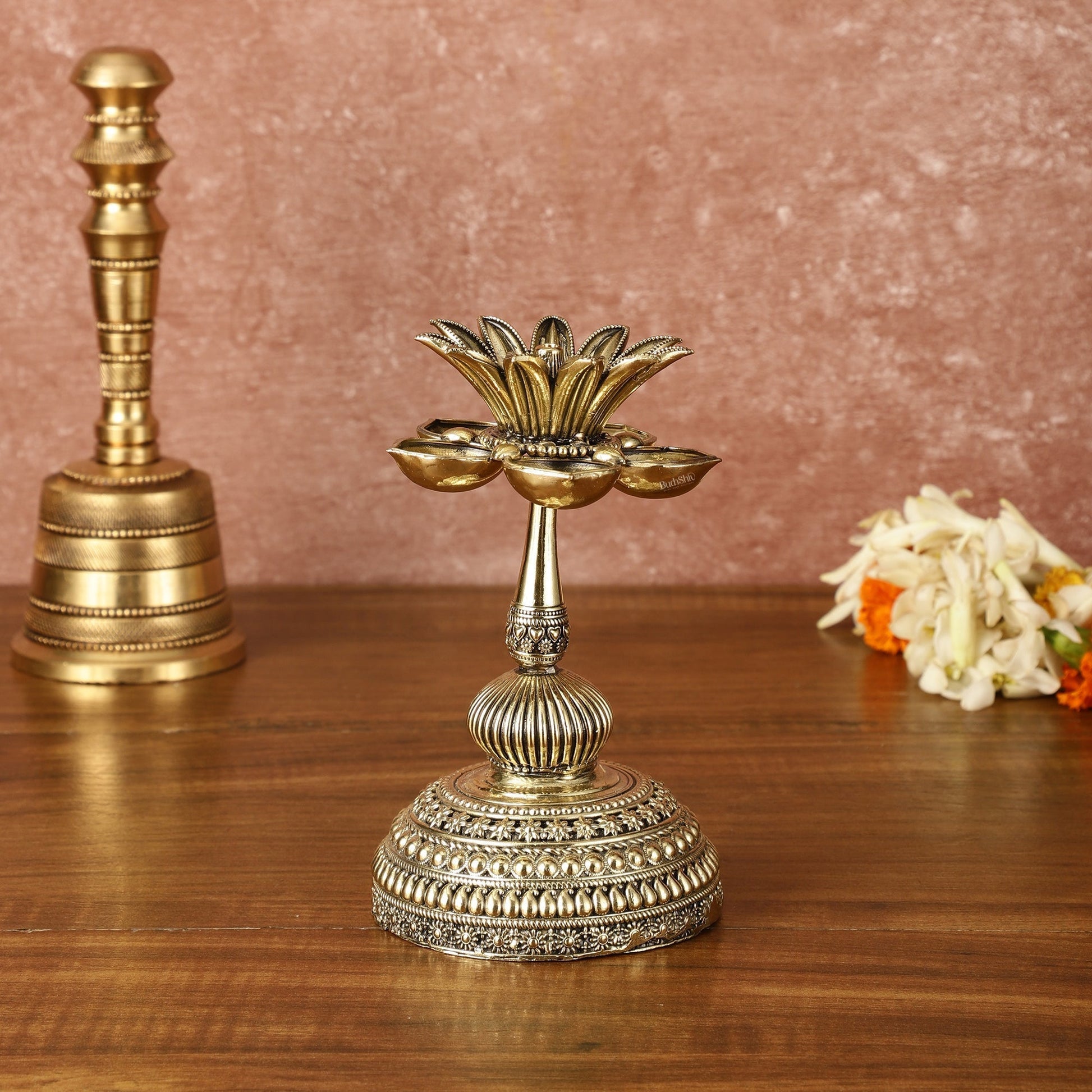 Beautiful Superfine Brass Lotus Oil Lamp Diya | 6 Inch Height | 100% Certified Copper & Brass - Sama Homes Idol - Brass Sculpture - Eco-friendly - Sama Homes