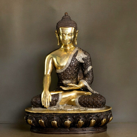 Bhumisparsha Mudra Brass Buddha Three-tone Idol | Rare 13" | 100% Certified Copper & Brass - Sama Homes Idol - Brass Sculpture